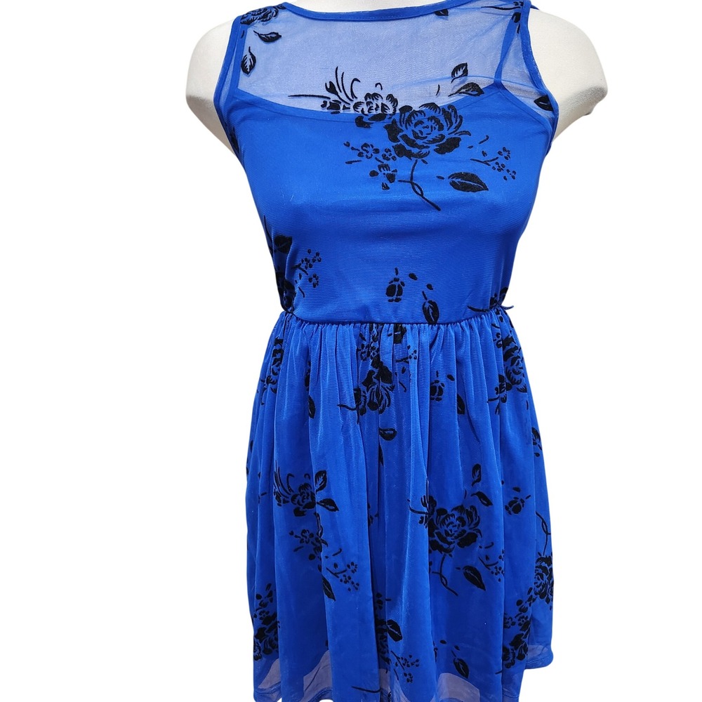 ASOS Blue Black Floral Mesh Overlay Fit Flare Dress UK 8 US 4